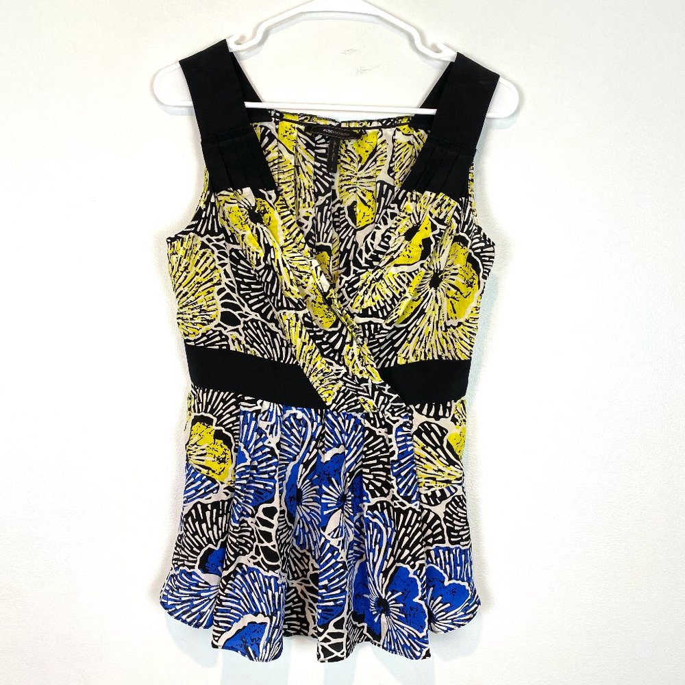BCBGMaxAzria Silk Blouse Sleeveless V Neck Blue Yellow Black Elastic Waist S